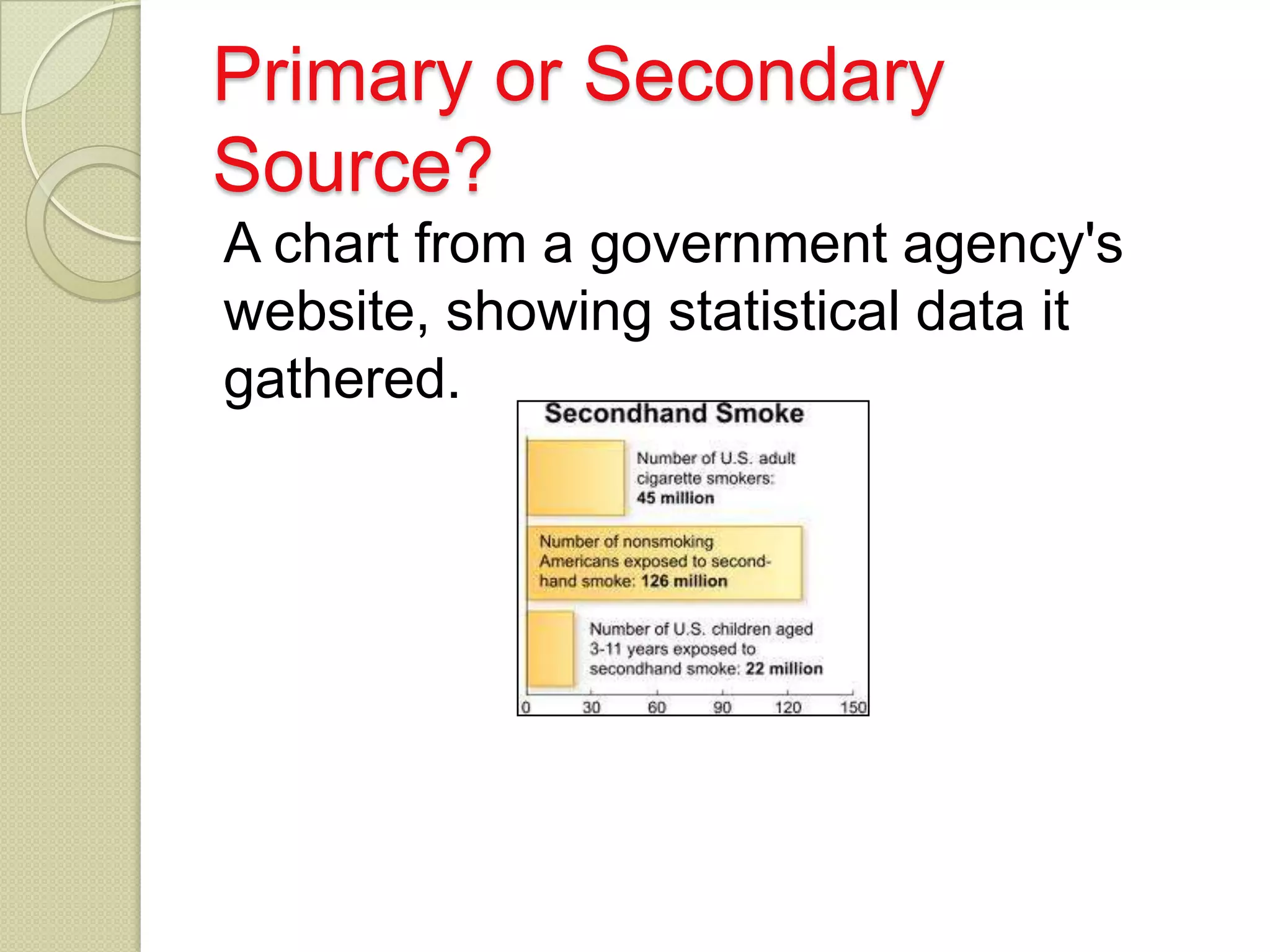 Primary or Secondary
Source?
A chart from a government agency's
website, showing statistical data it
gathered.
 