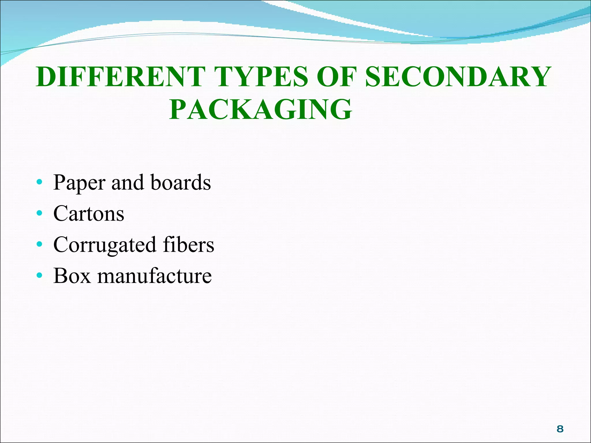 DIFFERENT TYPES OF SECONDARY PACKAGING  Paper and boards Cartons Corrugated fibers Box manufacture     