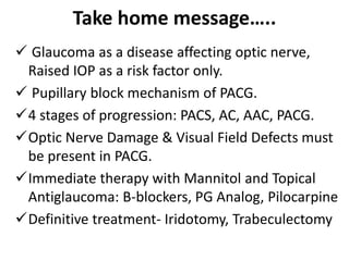 Take home message…..
 Glaucoma as a disease affecting optic nerve,
Raised IOP as a risk factor only.
 Pupillary block mechanism of PACG.
4 stages of progression: PACS, AC, AAC, PACG.
Optic Nerve Damage & Visual Field Defects must
be present in PACG.
Immediate therapy with Mannitol and Topical
Antiglaucoma: B-blockers, PG Analog, Pilocarpine
Definitive treatment- Iridotomy, Trabeculectomy
 
