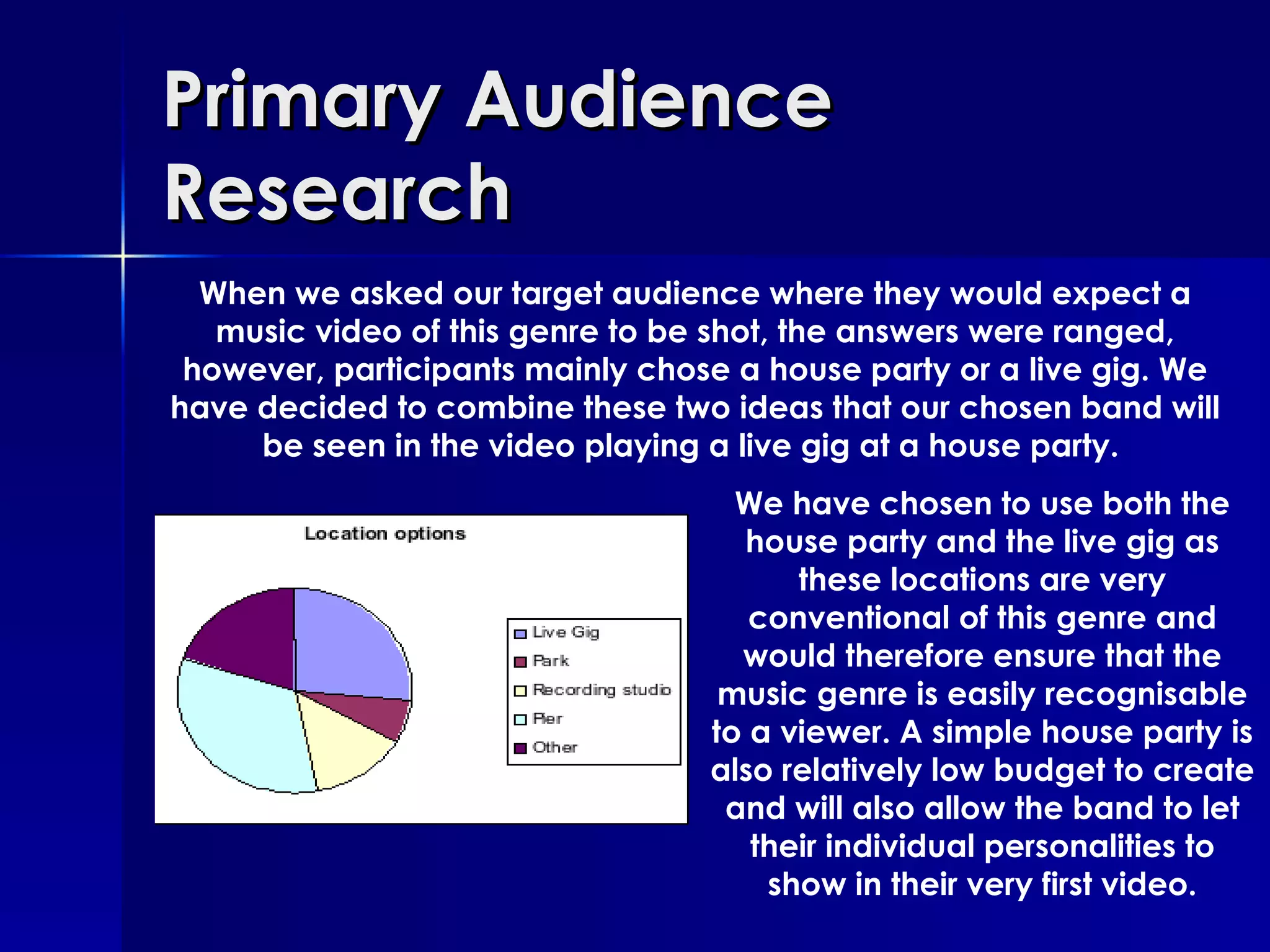Primary Audience Research When we asked our target audience where they would expect a music video of this genre to be shot, the answers were ranged, however, participants mainly chose a house party or a live gig. We have decided to combine these two ideas that our chosen band will be seen in the video playing a live gig at a house party.  We have chosen to use both the house party and the live gig as these locations are very conventional of this genre and would therefore ensure that the music genre is easily recognisable to a viewer. A simple house party is also relatively low budget to create and will also allow the band to let their individual personalities to show in their very first video. 