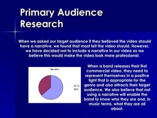Primary Audience Research When we asked our target audience if they believed the video should have a narrative, we found that most felt the video should. However, we have decided not to include a narrative in our video as we believe this would make the video look more professional.  When a band releases their first commercial video, they need to represent themselves in a positive light that is appropriate for the genre and also attracts their target audience. We also believe that not using a narrative will enable the band to know who they are and, in music terms, what they are all about. 
