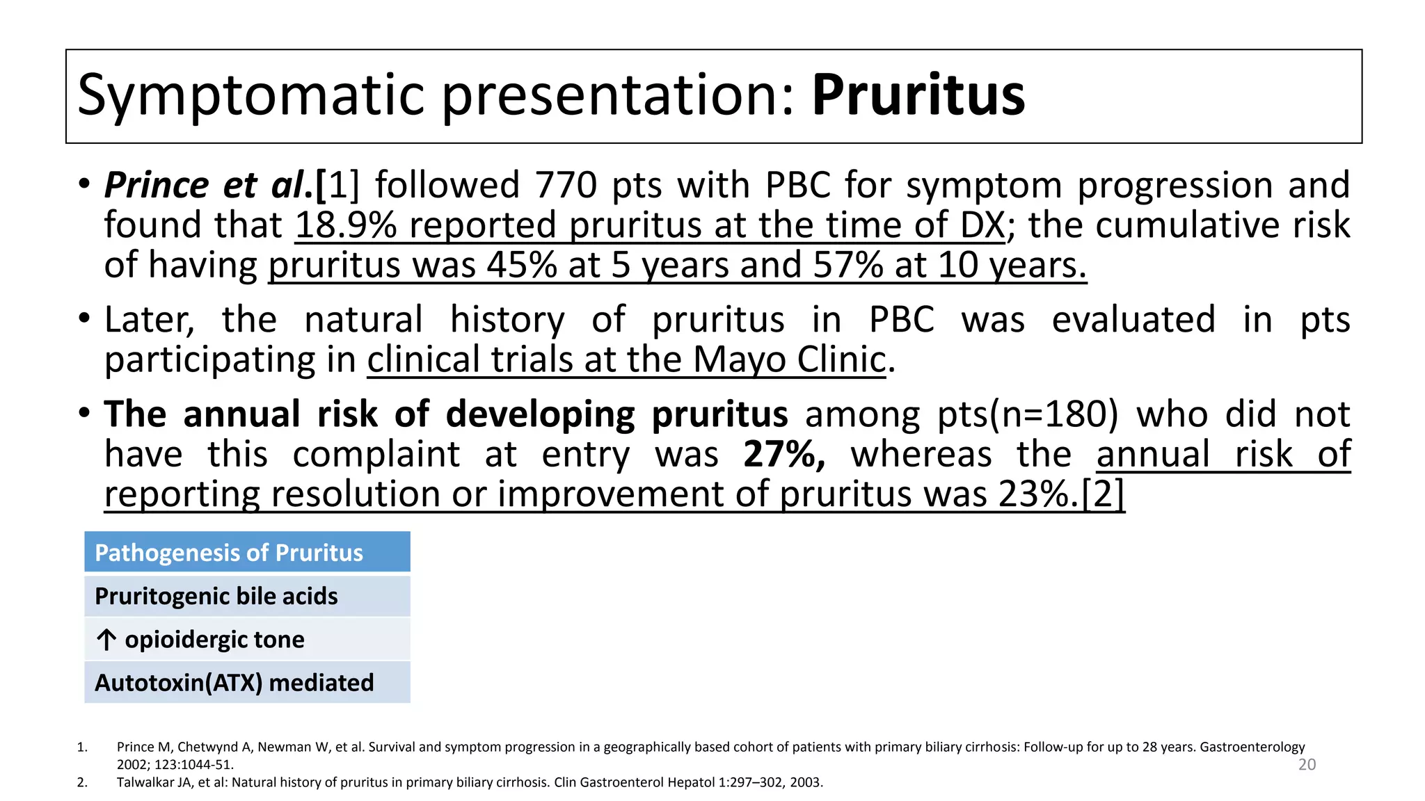Symptomatic presentation: Pruritus
• Prince et al.[1] followed 770 pts with PBC for symptom progression and
found that 18.9% reported pruritus at the time of DX; the cumulative risk
of having pruritus was 45% at 5 years and 57% at 10 years.
• Later, the natural history of pruritus in PBC was evaluated in pts
participating in clinical trials at the Mayo Clinic.
• The annual risk of developing pruritus among pts(n=180) who did not
have this complaint at entry was 27%, whereas the annual risk of
reporting resolution or improvement of pruritus was 23%.[2]
1. Prince M, Chetwynd A, Newman W, et al. Survival and symptom progression in a geographically based cohort of patients with primary biliary cirrhosis: Follow-up for up to 28 years. Gastroenterology
2002; 123:1044-51.
2. Talwalkar JA, et al: Natural history of pruritus in primary biliary cirrhosis. Clin Gastroenterol Hepatol 1:297–302, 2003.
Pathogenesis of Pruritus
Pruritogenic bile acids
↑ opioidergic tone
Autotoxin(ATX) mediated
20
 