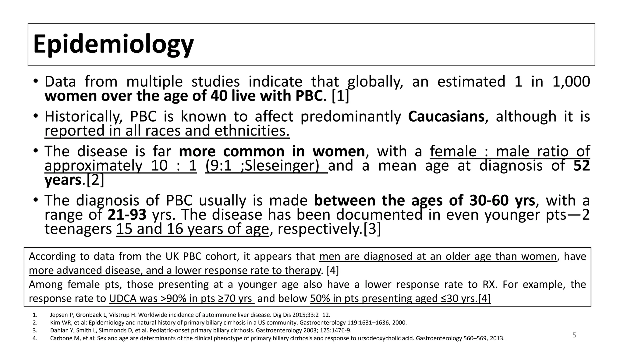 Epidemiology
• Data from multiple studies indicate that globally, an estimated 1 in 1,000
women over the age of 40 live with PBC. [1]
• Historically, PBC is known to affect predominantly Caucasians, although it is
reported in all races and ethnicities.
• The disease is far more common in women, with a female : male ratio of
approximately 10 : 1 (9:1 ;Sleseinger) and a mean age at diagnosis of 52
years.[2]
• The diagnosis of PBC usually is made between the ages of 30-60 yrs, with a
range of 21-93 yrs. The disease has been documented in even younger pts—2
teenagers 15 and 16 years of age, respectively.[3]
1. Jepsen P, Gronbaek L, Vilstrup H. Worldwide incidence of autoimmune liver disease. Dig Dis 2015;33:2–12.
2. Kim WR, et al: Epidemiology and natural history of primary biliary cirrhosis in a US community. Gastroenterology 119:1631–1636, 2000.
3. Dahlan Y, Smith L, Simmonds D, et al. Pediatric-onset primary biliary cirrhosis. Gastroenterology 2003; 125:1476-9.
4. Carbone M, et al: Sex and age are determinants of the clinical phenotype of primary biliary cirrhosis and response to ursodeoxycholic acid. Gastroenterology 560–569, 2013.
According to data from the UK PBC cohort, it appears that men are diagnosed at an older age than women, have
more advanced disease, and a lower response rate to therapy. [4]
Among female pts, those presenting at a younger age also have a lower response rate to RX. For example, the
response rate to UDCA was >90% in pts ≥70 yrs and below 50% in pts presenting aged ≤30 yrs.[4]
5
 