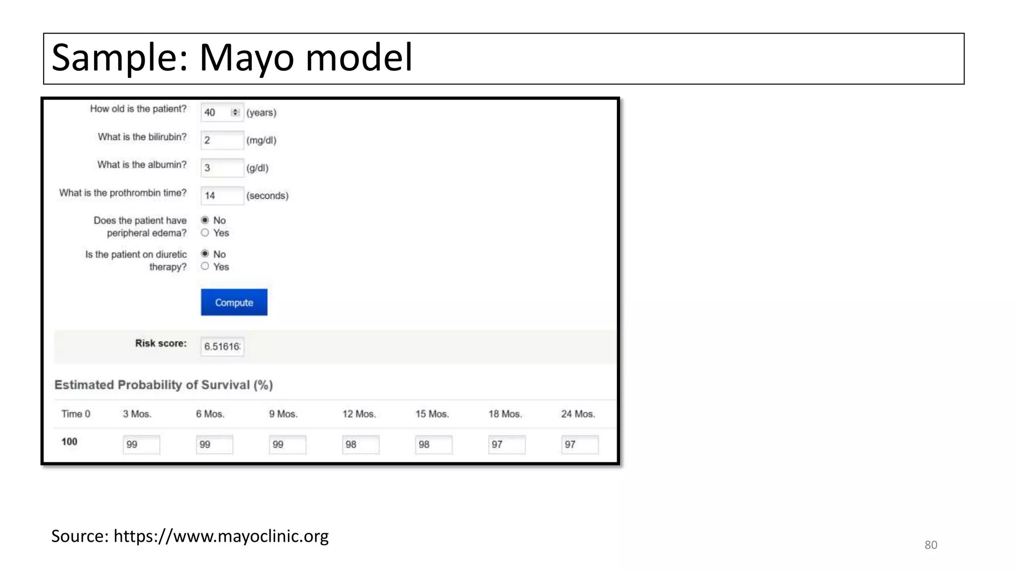 Sample: Mayo model
Source: https://www.mayoclinic.org 80
 