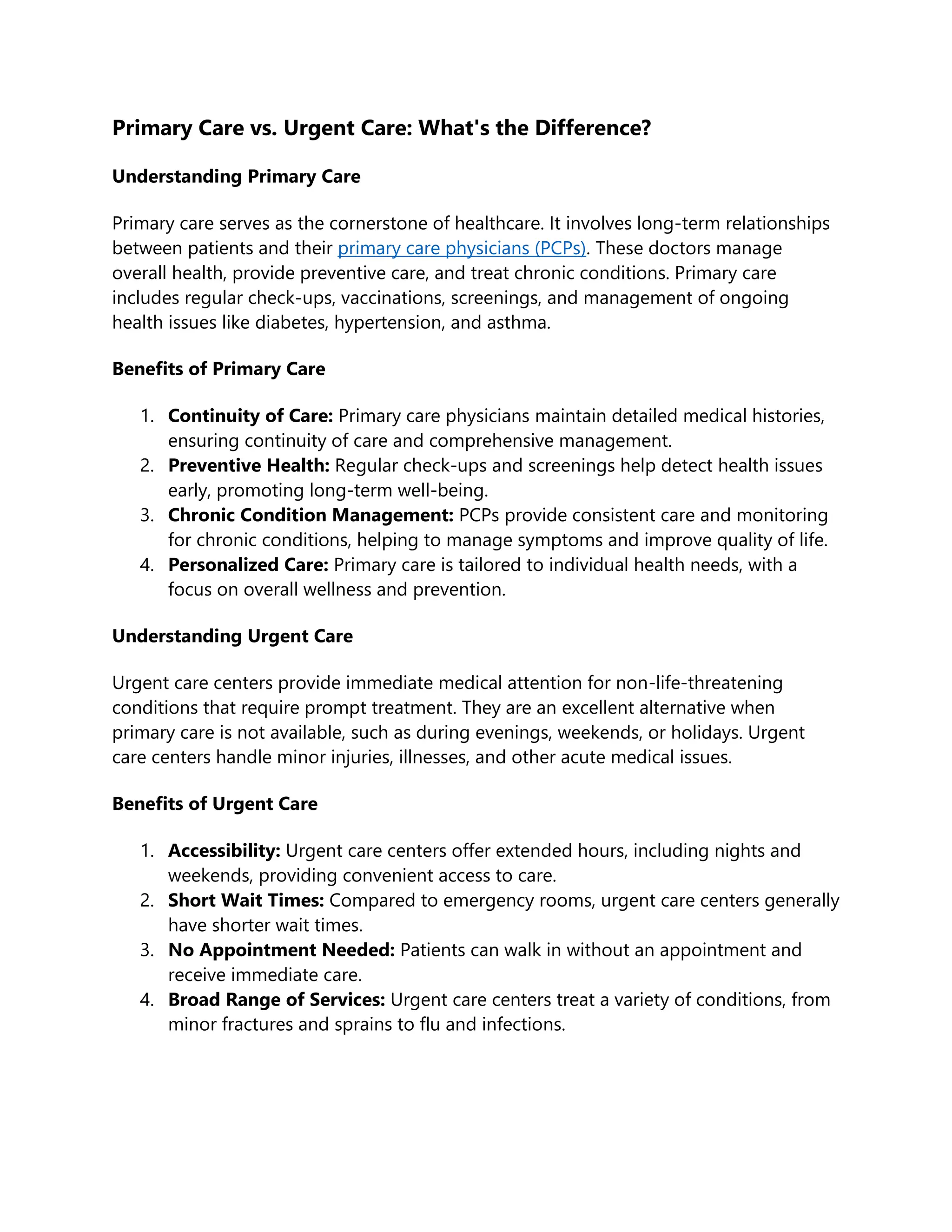 Primary Care vs. Urgent Care: What's the Difference? | DOCX