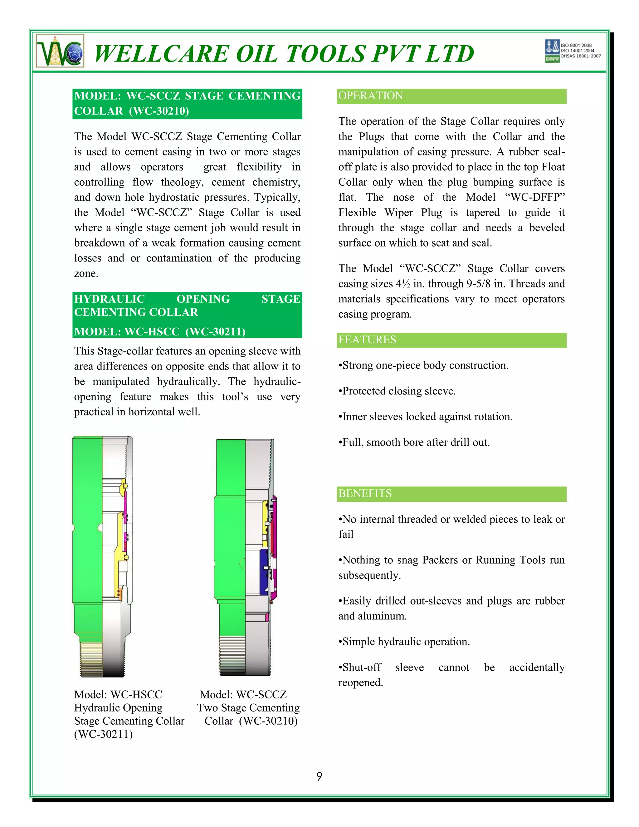 WELLCARE OIL TOOLS PVT LTD
MODEL: WC-SCCZ STAGE CEMENTING                           OPERATION
COLLAR (WC-30210)
                                                         The operation of the Stage Collar requires only
The Model WC-SCCZ Stage Cementing Collar                 the Plugs that come with the Collar and the
is used to cement casing in two or more stages           manipulation of casing pressure. A rubber seal-
and allows operators       great flexibility in          off plate is also provided to place in the top Float
controlling flow theology, cement chemistry,             Collar only when the plug bumping surface is
and down hole hydrostatic pressures. Typically,          flat. The nose of the Model ―WC-DFFP‖
the Model ―WC-SCCZ‖ Stage Collar is used                 Flexible Wiper Plug is tapered to guide it
where a single stage cement job would result in          through the stage collar and needs a beveled
breakdown of a weak formation causing cement             surface on which to seat and seal.
losses and or contamination of the producing
zone.                                                    The Model ―WC-SCCZ‖ Stage Collar covers
                                                         casing sizes 4½ in. through 9-5/8 in. Threads and
HYDRAULIC    OPENING                     STAGE           materials specifications vary to meet operators
CEMENTING COLLAR                                         casing program.
MODEL: WC-HSCC (WC-30211)
                                                         FEATURES
This Stage-collar features an opening sleeve with
area differences on opposite ends that allow it to       •Strong one-piece body construction.
be manipulated hydraulically. The hydraulic-
opening feature makes this tool’s use very               •Protected closing sleeve.
practical in horizontal well.                            •Inner sleeves locked against rotation.

                                                         •Full, smooth bore after drill out.



                                                         BENEFITS

                                                         •No internal threaded or welded pieces to leak or
                                                         fail

                                                         •Nothing to snag Packers or Running Tools run
                                                         subsequently.

                                                         •Easily drilled out-sleeves and plugs are rubber
                                                         and aluminum.

                                                         •Simple hydraulic operation.

                                                         •Shut-off    sleeve    cannot    be    accidentally
                                                         reopened.
Model: WC-HSCC             Model: WC-SCCZ
Hydraulic Opening          Two Stage Cementing
Stage Cementing Collar      Collar (WC-30210)
(WC-30211)


                                                     9
 