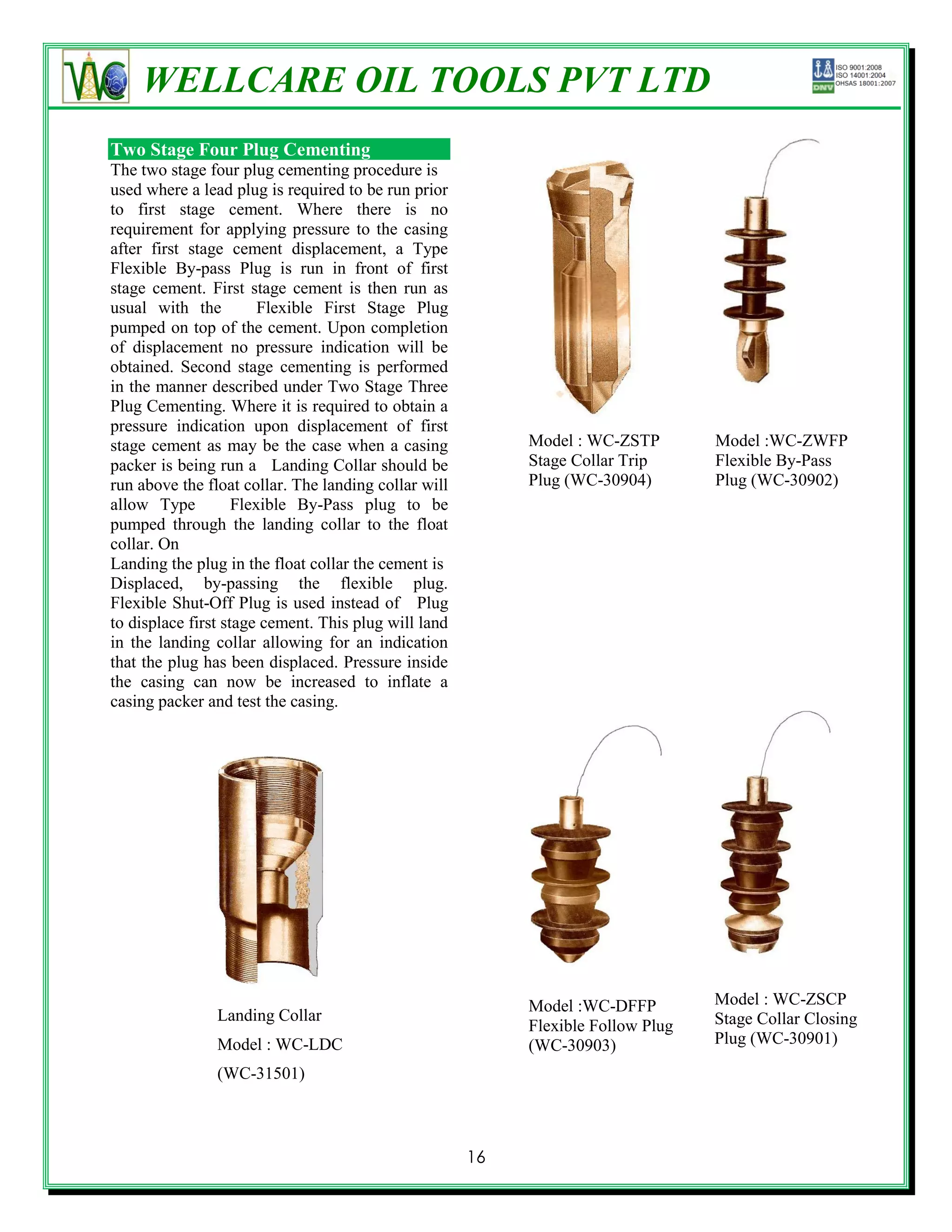 WELLCARE OIL TOOLS PVT LTD
Two Stage Four Plug Cementing
The two stage four plug cementing procedure is
used where a lead plug is required to be run prior
to first stage cement. Where there is no
requirement for applying pressure to the casing
after first stage cement displacement, a Type
Flexible By-pass Plug is run in front of first
stage cement. First stage cement is then run as
usual with the          Flexible First Stage Plug
pumped on top of the cement. Upon completion
of displacement no pressure indication will be
obtained. Second stage cementing is performed
in the manner described under Two Stage Three
Plug Cementing. Where it is required to obtain a
pressure indication upon displacement of first
stage cement as may be the case when a casing              Model : WC-ZSTP        Model :WC-ZWFP
packer is being run a Landing Collar should be             Stage Collar Trip      Flexible By-Pass
run above the float collar. The landing collar will        Plug (WC-30904)        Plug (WC-30902)
allow Type          Flexible By-Pass plug to be
pumped through the landing collar to the float
collar. On
Landing the plug in the float collar the cement is
Displaced, by-passing the flexible plug.
Flexible Shut-Off Plug is used instead of Plug
to displace first stage cement. This plug will land
in the landing collar allowing for an indication
that the plug has been displaced. Pressure inside
the casing can now be increased to inflate a
casing packer and test the casing.




                                                           Model :WC-DFFP         Model : WC-ZSCP
                Landing Collar                                                    Stage Collar Closing
                                                           Flexible Follow Plug
                Model : WC-LDC                             (WC-30903)             Plug (WC-30901)

                (WC-31501)



                                                      16
 