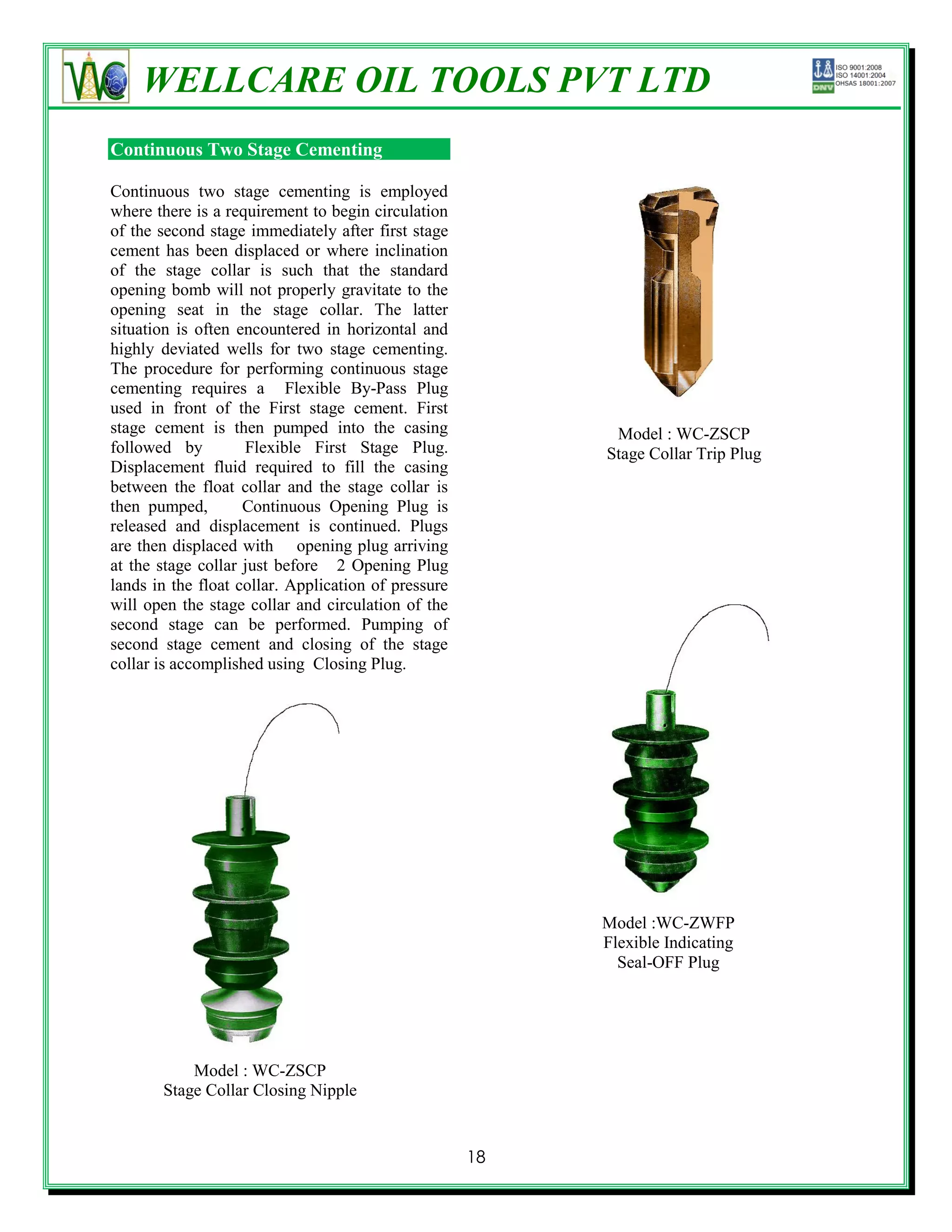 WELLCARE OIL TOOLS PVT LTD
Continuous Two Stage Cementing

Continuous two stage cementing is employed
where there is a requirement to begin circulation
of the second stage immediately after first stage
cement has been displaced or where inclination
of the stage collar is such that the standard
opening bomb will not properly gravitate to the
opening seat in the stage collar. The latter
situation is often encountered in horizontal and
highly deviated wells for two stage cementing.
The procedure for performing continuous stage
cementing requires a Flexible By-Pass Plug
used in front of the First stage cement. First
stage cement is then pumped into the casing                Model : WC-ZSCP
followed by         Flexible First Stage Plug.            Stage Collar Trip Plug
Displacement fluid required to fill the casing
between the float collar and the stage collar is
then pumped,        Continuous Opening Plug is
released and displacement is continued. Plugs
are then displaced with opening plug arriving
at the stage collar just before 2 Opening Plug
lands in the float collar. Application of pressure
will open the stage collar and circulation of the
second stage can be performed. Pumping of
second stage cement and closing of the stage
collar is accomplished using Closing Plug.




                                                          Model :WC-ZWFP
                                                          Flexible Indicating
                                                            Seal-OFF Plug




           Model : WC-ZSCP
       Stage Collar Closing Nipple


                                                     18
 