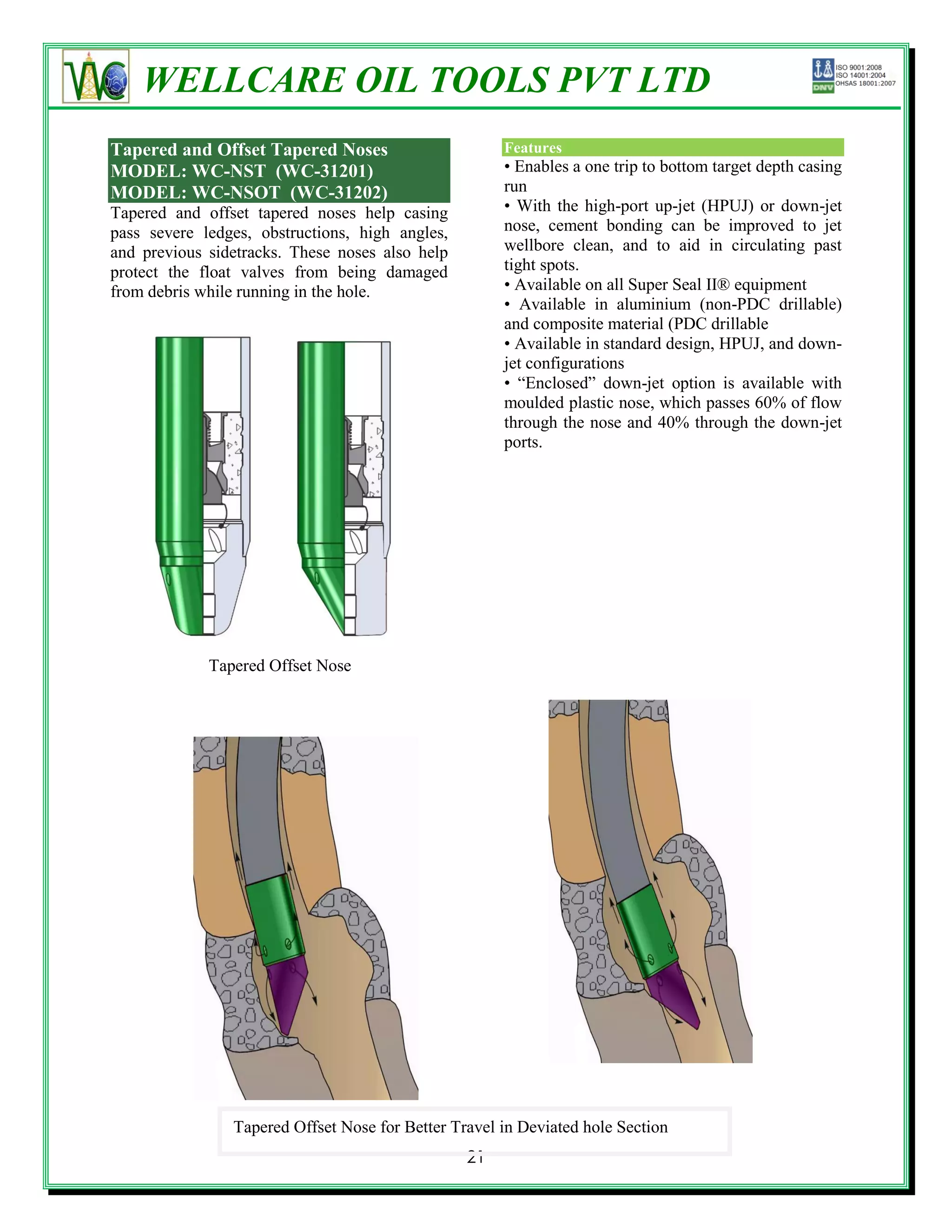 WELLCARE OIL TOOLS PVT LTD
Tapered and Offset Tapered Noses                      Features
MODEL: WC-NST (WC-31201)                              • Enables a one trip to bottom target depth casing
MODEL: WC-NSOT (WC-31202)                             run
Tapered and offset tapered noses help casing          • With the high-port up-jet (HPUJ) or down-jet
pass severe ledges, obstructions, high angles,        nose, cement bonding can be improved to jet
and previous sidetracks. These noses also help        wellbore clean, and to aid in circulating past
protect the float valves from being damaged           tight spots.
from debris while running in the hole.                • Available on all Super Seal II® equipment
                                                      • Available in aluminium (non-PDC drillable)
                                                      and composite material (PDC drillable
                                                      • Available in standard design, HPUJ, and down-
                                                      jet configurations
                                                      • ―Enclosed‖ down-jet option is available with
                                                      moulded plastic nose, which passes 60% of flow
                                                      through the nose and 40% through the down-jet
                                                      ports.




             Tapered Offset Nose




                Tapered Offset Nose for Better Travel in Deviated hole Section
                                                 21
 