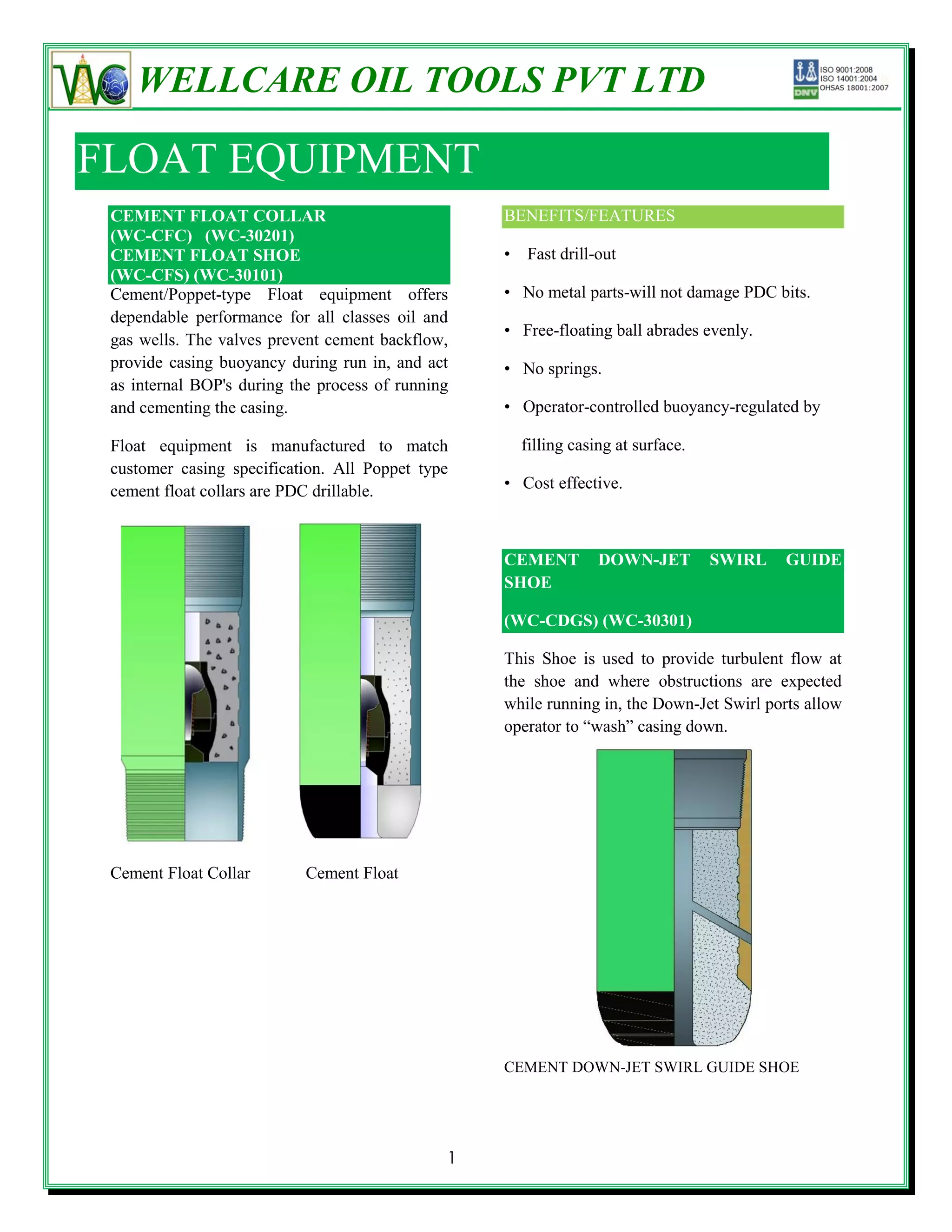 WELLCARE OIL TOOLS PVT LTD

FLOAT EQUIPMENT
 CEMENT FLOAT COLLAR                               BENEFITS/FEATURES
 (WC-CFC) (WC-30201)
 CEMENT FLOAT SHOE                                 • Fast drill-out
 (WC-CFS) (WC-30101)
 Cement/Poppet-type Float equipment offers         • No metal parts-will not damage PDC bits.
 dependable performance for all classes oil and
                                                   • Free-floating ball abrades evenly.
 gas wells. The valves prevent cement backflow,
 provide casing buoyancy during run in, and act    • No springs.
 as internal BOP's during the process of running
 and cementing the casing.                         • Operator-controlled buoyancy-regulated by

 Float equipment is manufactured to match            filling casing at surface.
 customer casing specification. All Poppet type
 cement float collars are PDC drillable.           • Cost effective.



                                                   CEMENT        DOWN-JET         SWIRL    GUIDE
                                                   SHOE

                                                   (WC-CDGS) (WC-30301)

                                                   This Shoe is used to provide turbulent flow at
                                                   the shoe and where obstructions are expected
                                                   while running in, the Down-Jet Swirl ports allow
                                                   operator to ―wash‖ casing down.




 Cement Float Collar        Cement Float




                                                   CEMENT DOWN-JET SWIRL GUIDE SHOE




                                               1
 
