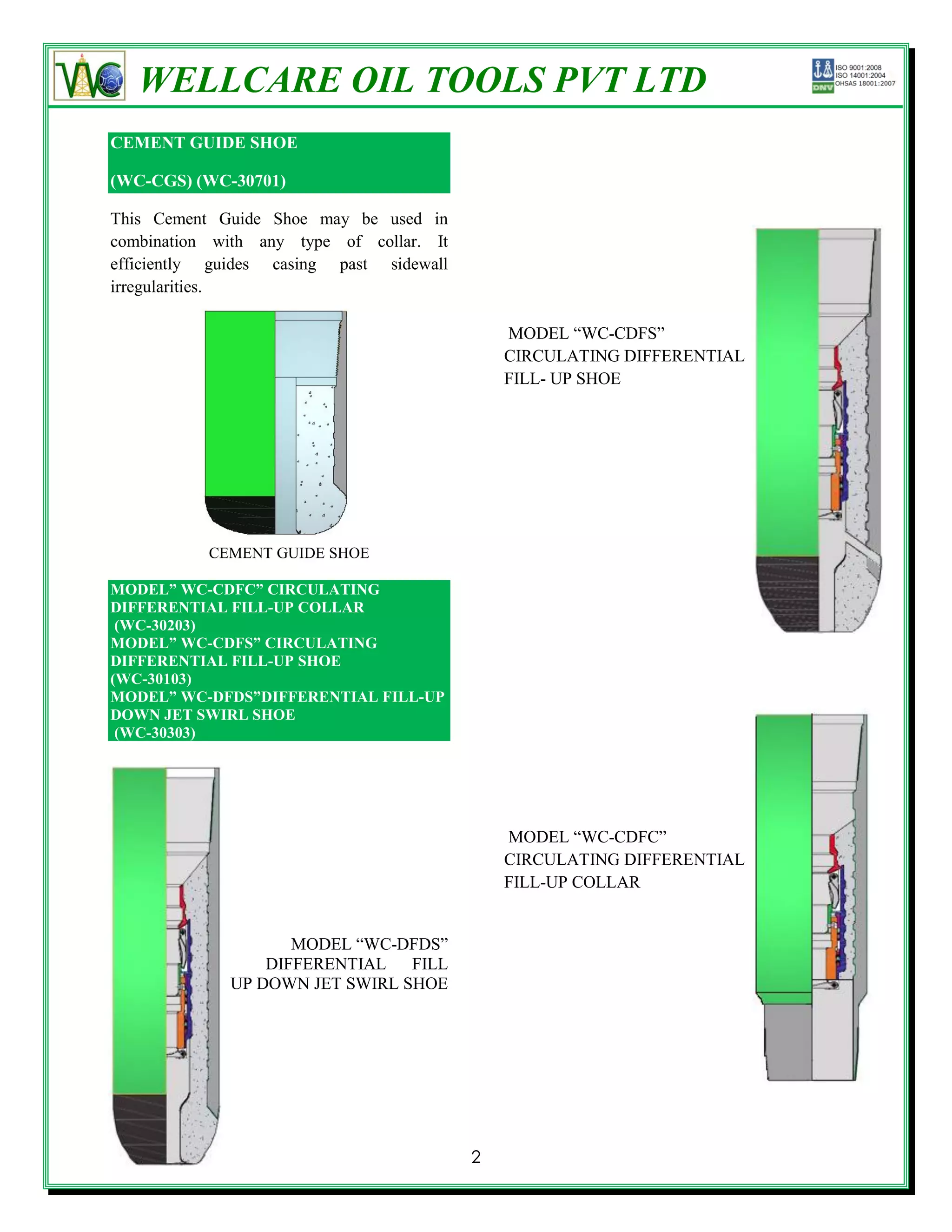 WELLCARE OIL TOOLS PVT LTD
CEMENT GUIDE SHOE

(WC-CGS) (WC-30701)

This Cement Guide Shoe may be used in
combination with any type of collar. It
efficiently guides casing past sidewall
irregularities.

                                              MODEL ―WC-CDFS‖
                                              CIRCULATING DIFFERENTIAL
                                              FILL- UP SHOE




           CEMENT GUIDE SHOE

MODEL” WC-CDFC” CIRCULATING
DIFFERENTIAL FILL-UP COLLAR
 (WC-30203)
MODEL” WC-CDFS” CIRCULATING
DIFFERENTIAL FILL-UP SHOE
(WC-30103)
MODEL” WC-DFDS”DIFFERENTIAL FILL-UP
DOWN JET SWIRL SHOE
 (WC-30303)




                                              MODEL ―WC-CDFC‖
                                              CIRCULATING DIFFERENTIAL
                                              FILL-UP COLLAR


                    MODEL ―WC-DFDS‖
                 DIFFERENTIAL   FILL
             UP DOWN JET SWIRL SHOE




                                          2
 