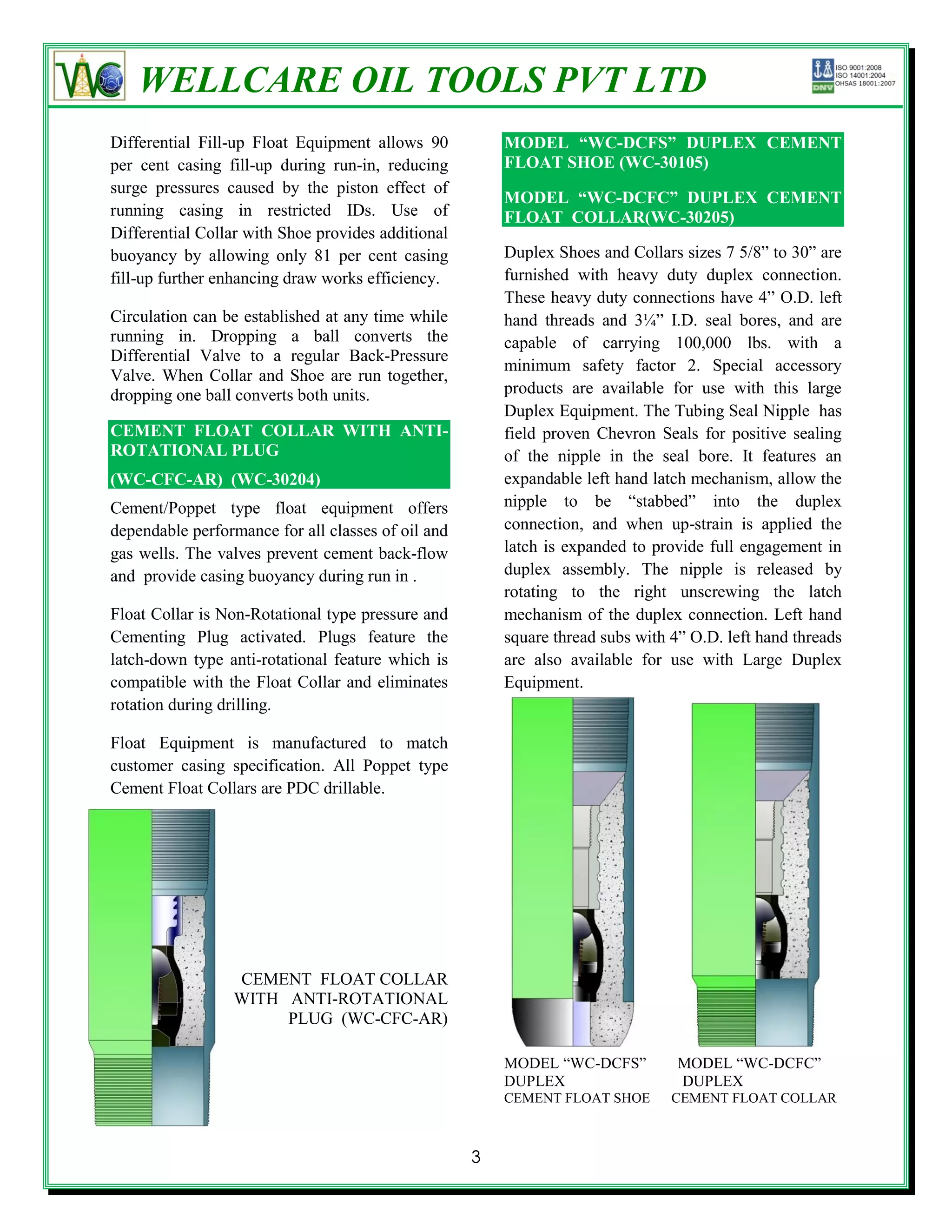 WELLCARE OIL TOOLS PVT LTD
Differential Fill-up Float Equipment allows 90          MODEL “WC-DCFS” DUPLEX CEMENT
per cent casing fill-up during run-in, reducing         FLOAT SHOE (WC-30105)
surge pressures caused by the piston effect of
                                                        MODEL “WC-DCFC” DUPLEX CEMENT
running casing in restricted IDs. Use of                FLOAT COLLAR(WC-30205)
Differential Collar with Shoe provides additional
buoyancy by allowing only 81 per cent casing            Duplex Shoes and Collars sizes 7 5/8‖ to 30‖ are
fill-up further enhancing draw works efficiency.        furnished with heavy duty duplex connection.
                                                        These heavy duty connections have 4‖ O.D. left
Circulation can be established at any time while        hand threads and 3¼‖ I.D. seal bores, and are
running in. Dropping a ball converts the                capable of carrying 100,000 lbs. with a
Differential Valve to a regular Back-Pressure
                                                        minimum safety factor 2. Special accessory
Valve. When Collar and Shoe are run together,
dropping one ball converts both units.                  products are available for use with this large
                                                        Duplex Equipment. The Tubing Seal Nipple has
CEMENT FLOAT COLLAR WITH ANTI-                          field proven Chevron Seals for positive sealing
ROTATIONAL PLUG                                         of the nipple in the seal bore. It features an
(WC-CFC-AR) (WC-30204)                                  expandable left hand latch mechanism, allow the
Cement/Poppet type float equipment offers               nipple to be ―stabbed‖ into the duplex
dependable performance for all classes of oil and       connection, and when up-strain is applied the
gas wells. The valves prevent cement back-flow          latch is expanded to provide full engagement in
and provide casing buoyancy during run in .             duplex assembly. The nipple is released by
                                                        rotating to the right unscrewing the latch
Float Collar is Non-Rotational type pressure and        mechanism of the duplex connection. Left hand
Cementing Plug activated. Plugs feature the             square thread subs with 4‖ O.D. left hand threads
latch-down type anti-rotational feature which is        are also available for use with Large Duplex
compatible with the Float Collar and eliminates         Equipment.
rotation during drilling.

Float Equipment is manufactured to match
customer casing specification. All Poppet type
Cement Float Collars are PDC drillable.




                 CEMENT FLOAT COLLAR
                 WITH ANTI-ROTATIONAL
                      PLUG (WC-CFC-AR)

                                                        MODEL ―WC-DCFS‖          MODEL ―WC-DCFC‖
                                                        DUPLEX                   DUPLEX
                                                        CEMENT FLOAT SHOE       CEMENT FLOAT COLLAR



                                                    3
 