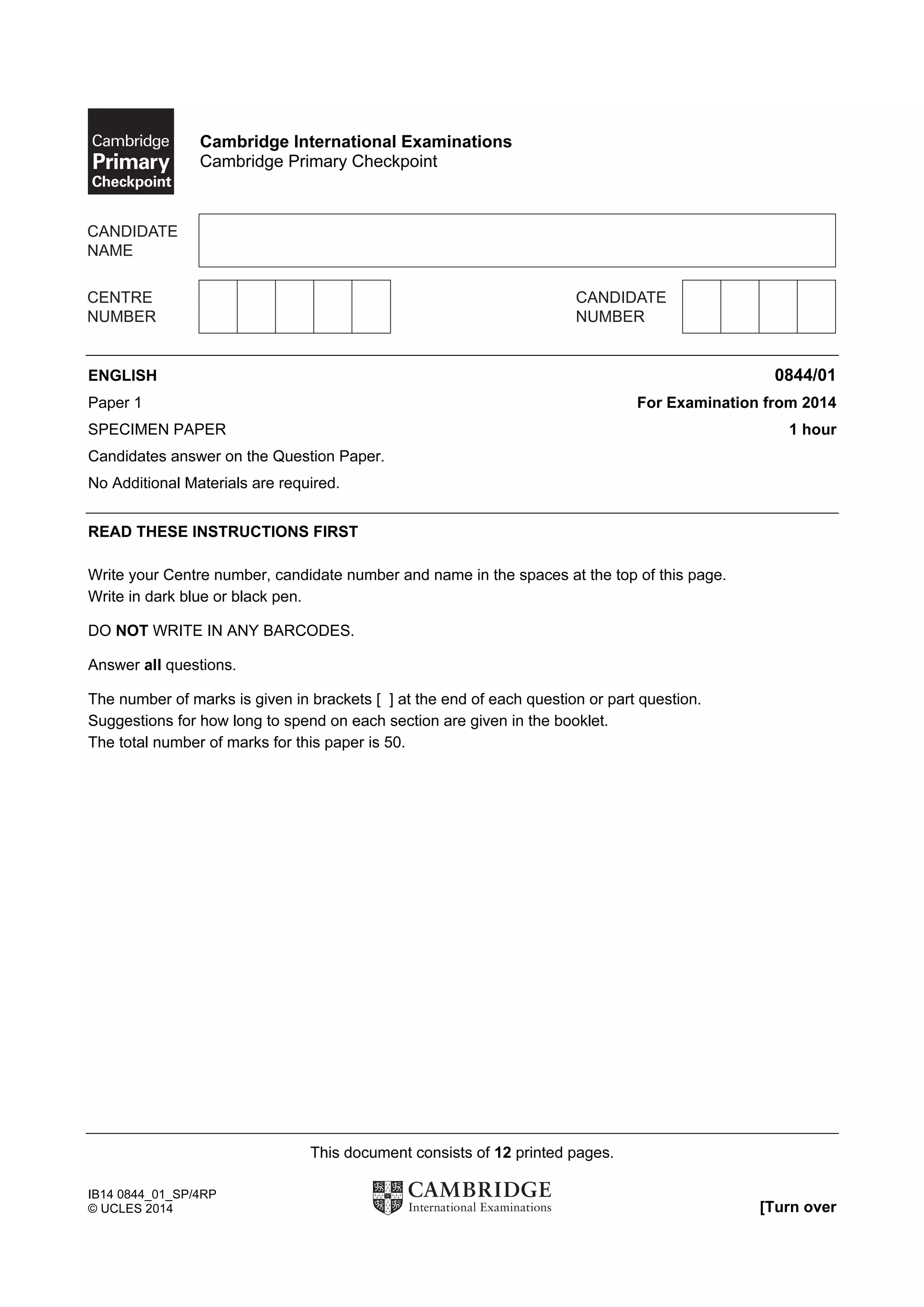 Primary checkpoint english (0844) specimen 2014 paper 1 | PDF