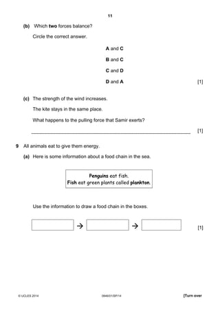 11
© UCLES 2014 0846/01/SP/14 [Turn over
(b) Which two forces balance?
Circle the correct answer.
A and C
B and C
C and D
D and A [1]
(c) The strength of the wind increases.
The kite stays in the same place.
What happens to the pulling force that Samir exerts?
[1]
9 All animals eat to give them energy.
(a) Here is some information about a food chain in the sea.
Penguins eat fish.
Fish eat green plants called plankton.
Use the information to draw a food chain in the boxes.
[1]
 