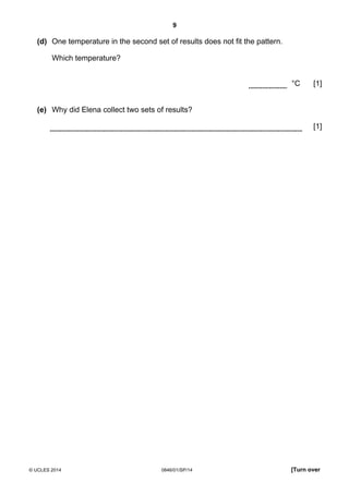 9
© UCLES 2014 0846/01/SP/14 [Turn over
(d) One temperature in the second set of results does not fit the pattern.
Which temperature?
°C [1]
(e) Why did Elena collect two sets of results?
[1]
 