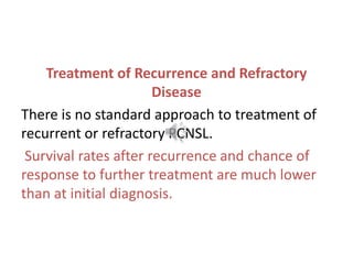 Treatment complications
Long-term sequelae of radiation therapy and
chemotherapy in PCNSL are significant.
Although median...