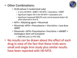 • Other Combinations:
• IELSG (phase II randomized sudy)
– 2 arms HD MTX + WBRT / HD MTX + Cytarabine + WBRT
– Significant higher CR in the HD MTX + Cytarabine arm
– Significant improved ORR,PFS and a trend towards better OS
were observed in Arm B.
• MTX + Alkylating agent + Rituximab
• Rituximab +MTX + Procarbazine + Vincristine + Low dose
WBRT
• Rituximab + MTX+ Procarbazine+ Vincristine + rdWBRT +
Autologous Stem cell transplant
– ORR 94% and 2 yr PFS 79%.
• No results can be drawn about the effect of each
drug in view of the fact that these trials were
small and single Arm study plus similar results
have been reported with HD MTX.
 