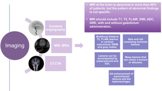  MRI of the brain is abnormal in more than 90%
of patients, but the pattern of abnormal findings
is not specific.
 MRI should include T1, T2, FLAIR, DWI, ADC,
GRE, with and without gadolinium
administration.
Multifocal bilateral
T2, FLAIR lesions
in cortical,
subcortical, DWM
and gray matter.
New and old
coexisting ischemic
lesions.
Lesions can be
accompanied by
subarachnoid and
ICH.
Mass lesions that
can mimic a tumors
or abscess.
Gd enhancement of
parenchymal
lesions and the
leptomeninges.
Imaging
Cerebral
angiography
MRI, MRA
CT,CTA
 