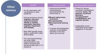 Other
mimics
CADASIL
• An AD arteriopathy with
manifestation in early
adulthood.
• Clinical symptoms include:
migraine, recurrent
transient ischemic
attacks or strokes,
psychiatric disorders,
cognitive impairment,
and epilepsy.
• Brian MRI typically shows
large or small white matter
abnormalities.
• The most typical findings
are white matter
hyperintensities in the
anterior temporal lobe
(temporal pole) seen on T2
sequence.
Susac syndrome
• Autoimmune-mediated
endotheliopathy
characterized by the
clinical triad of:
Branch retinal artery
occlusions.
Encephalopathy.
Neurosensorial hearing
loss.
• It causes microangiopathic
occlusion of precapillary
arterioles in the brain,
retina, and inner ear.
Anti-phospholipid syndrome
• Present by diverse
neurologic manifestations
including: stroke, TIA,
seizures, movement
disorders,
neuropsychiatric
manifestations, and
cognitive decline.
• Angiography shows
intracranial abnormalities
suggestive of vasculitis.
 