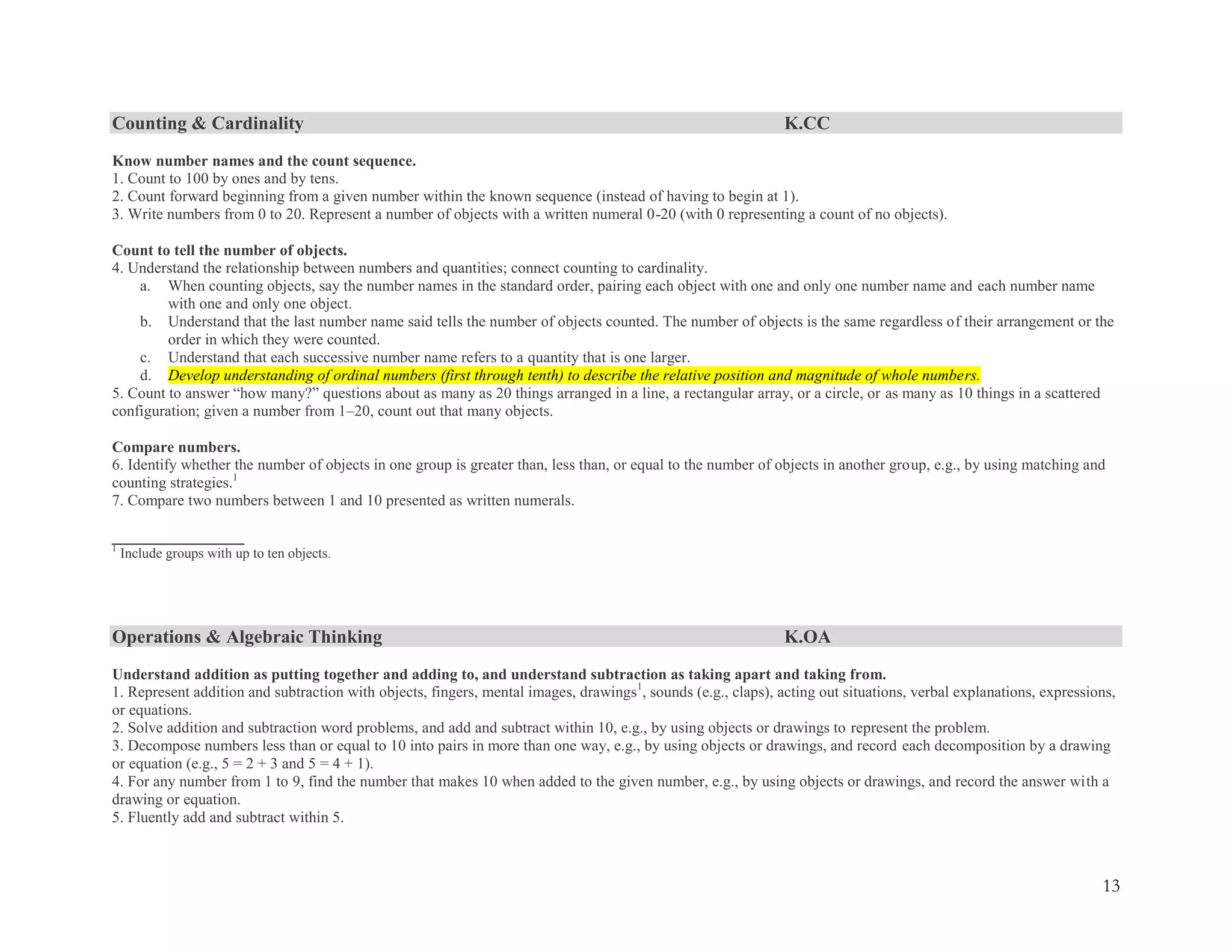 13
Counting & Cardinality K.CC
Know number names and the count sequence.
1. Count to 100 by ones and by tens.
2. Count forward beginning from a given number within the known sequence (instead of having to begin at 1).
3. Write numbers from 0 to 20. Represent a number of objects with a written numeral 0-20 (with 0 representing a count of no objects).
Count to tell the number of objects.
4. Understand the relationship between numbers and quantities; connect counting to cardinality.
a. When counting objects, say the number names in the standard order, pairing each object with one and only one number name and each number name
with one and only one object.
b. Understand that the last number name said tells the number of objects counted. The number of objects is the same regardless of their arrangement or the
order in which they were counted.
c. Understand that each successive number name refers to a quantity that is one larger.
d. Develop understanding of ordinal numbers (first through tenth) to describe the relative position and magnitude of whole numbers.
5. Count to answer ―how many?‖ questions about as many as 20 things arranged in a line, a rectangular array, or a circle, or as many as 10 things in a scattered
configuration; given a number from 1–20, count out that many objects.
Compare numbers.
6. Identify whether the number of objects in one group is greater than, less than, or equal to the number of objects in another group, e.g., by using matching and
counting strategies.1
7. Compare two numbers between 1 and 10 presented as written numerals.
_________________
1
Include groups with up to ten objects.
Operations & Algebraic Thinking K.OA
Understand addition as putting together and adding to, and understand subtraction as taking apart and taking from.
1. Represent addition and subtraction with objects, fingers, mental images, drawings1
, sounds (e.g., claps), acting out situations, verbal explanations, expressions,
or equations.
2. Solve addition and subtraction word problems, and add and subtract within 10, e.g., by using objects or drawings to represent the problem.
3. Decompose numbers less than or equal to 10 into pairs in more than one way, e.g., by using objects or drawings, and record each decomposition by a drawing
or equation (e.g., 5 = 2 + 3 and 5 = 4 + 1).
4. For any number from 1 to 9, find the number that makes 10 when added to the given number, e.g., by using objects or drawings, and record the answer with a
drawing or equation.
5. Fluently add and subtract within 5.
 