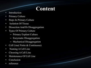 Content
• Introduction
• Primary Culture
• Steps In Primary Culture
• Isolation Of Tissue
• Dissection And/Or Disaggregation
• Types Of Primary Culture
– Primary Explant Culture
– Enzymatic Disaggregation
– Mechanical Disaggregation
• Cell Line( Finite & Continuous)
• Naming A Cell Line
• Choosing A Cell Line
• Maintenance Of Cell Line
• Conclusion
• reference
 