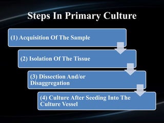 Steps In Primary Culture
(1) Acquisition Of The Sample
(2) Isolation Of The Tissue
(3) Dissection And/or
Disaggregation
(4) Culture After Seeding Into The
Culture Vessel
 