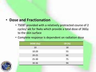 • Dose and Fractionation
• TSEBT provided with a relatively protracted course of 2
cycles/ wk for 9wks which provide a total dose of 36Gy
to the skin surface
• Complete response is dependent on radiation dose
DOSE (Gy) CR (%)
10 18
10-20 55
20-25 66
25-30 75
30-36 94
 