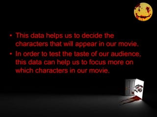 • This data helps us to decide the
characters that will appear in our movie.
• In order to test the taste of our audience,
this data can help us to focus more on
which characters in our movie.
 