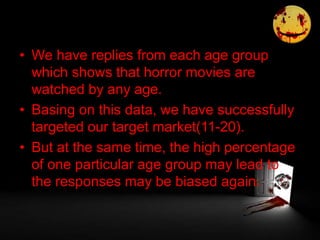 • We have replies from each age group
which shows that horror movies are
watched by any age.
• Basing on this data, we have successfully
targeted our target market(11-20).
• But at the same time, the high percentage
of one particular age group may lead to
the responses may be biased again.
 