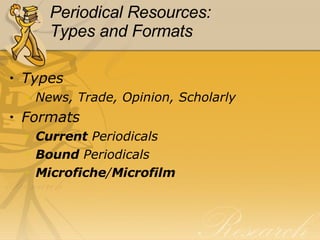 Periodical Resources:  Types and Formats Types News, Trade, Opinion, Scholarly Formats Current  Periodicals Bound  Periodicals Microfiche / Microfilm 