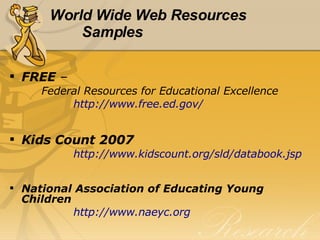 World Wide Web Resources Samples FREE  –   Federal Resources for Educational Excellence http:// www.free.ed.gov / Kids Count 2007 http://www.kidscount.org/sld/databook.jsp National Association of Educating Young Children http:// www.naeyc.org 