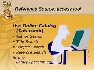 Reference Source: access tool Use Online Catalog ( Catacomb) Author Search Title Search Subject Search Keyword Search http:// library.lipscomb.edu 