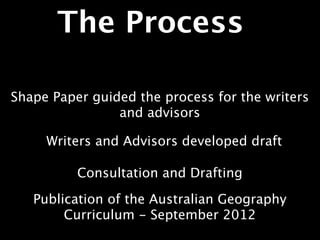 The Process

Shape Paper guided the process for the writers
                and advisors

     Writers and Advisors developed draft

          Consultation and Drafting

   Publication of the Australian Geography
        Curriculum - September 2012
 