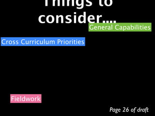 Things to
           consider....Capabilities
                 General

Cross Curriculum Priorities




   Fieldwork
                              Page 26 of draft
 