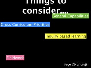 Things to
           consider....Capabilities
                 General

Cross Curriculum Priorities


                        Inquiry based learning




   Fieldwork
                                  Page 26 of draft
 