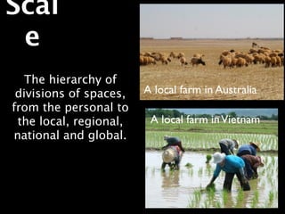 Scal
 e
   The hierarchy of
 divisions of spaces,   A local farm in Australia
from the personal to
 the local, regional,    A local farm in Vietnam
national and global.
 