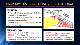PRIMARY ANGLE-CLOSURE GLAUCOMA
DEFINITION
• A type of primary glaucoma, (–) obvious
systemic or ocular cause
•  IOP occur...