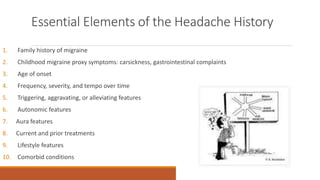 Essential Elements of the Headache History
1. Family history of migraine
2. Childhood migraine proxy symptoms: carsickness, gastrointestinal complaints
3. Age of onset
4. Frequency, severity, and tempo over time
5. Triggering, aggravating, or alleviating features
6. Autonomic features
7. Aura features
8. Current and prior treatments
9. Lifestyle features
10. Comorbid conditions
 
