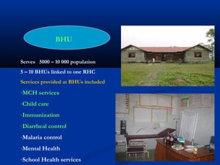 Serves 5000 – 10 000 population
5 – 10 BHUs linked to one RHC
Services provided at BHUs included
-MCH services
-Child care
-Immunization
-Diarrheal control
-Malaria control
-Mental Health
-School Health services
BHU
 