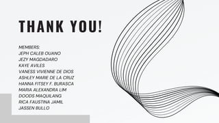 MEMBERS:
JEPH CALEB OUANO
JEZY MAGDADARO
KAYE AVILES
VANESS VIVIENNE DE DIOS
ASHLEY MARIE DE LA CRUZ
HANNA FITSEY F. BURASCA
MARIA ALEXANDRA LIM
DOODS MAQUILANG
RICA FAUSTINA JAMIL
JASSEN BULLO
THANK YOU!
 