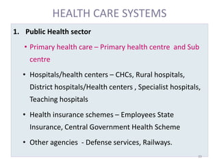 HEALTH CARE SYSTEMS
1. Public Health sector
• Primary health care – Primary health centre and Sub
centre
• Hospitals/health centers – CHCs, Rural hospitals,
District hospitals/Health centers , Specialist hospitals,
Teaching hospitals
• Health insurance schemes – Employees State
Insurance, Central Government Health Scheme
• Other agencies - Defense services, Railways.
39
 