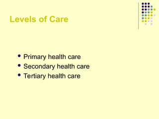 Levels of Care
 Primary health care
 Secondary health care
 Tertiary health care
 