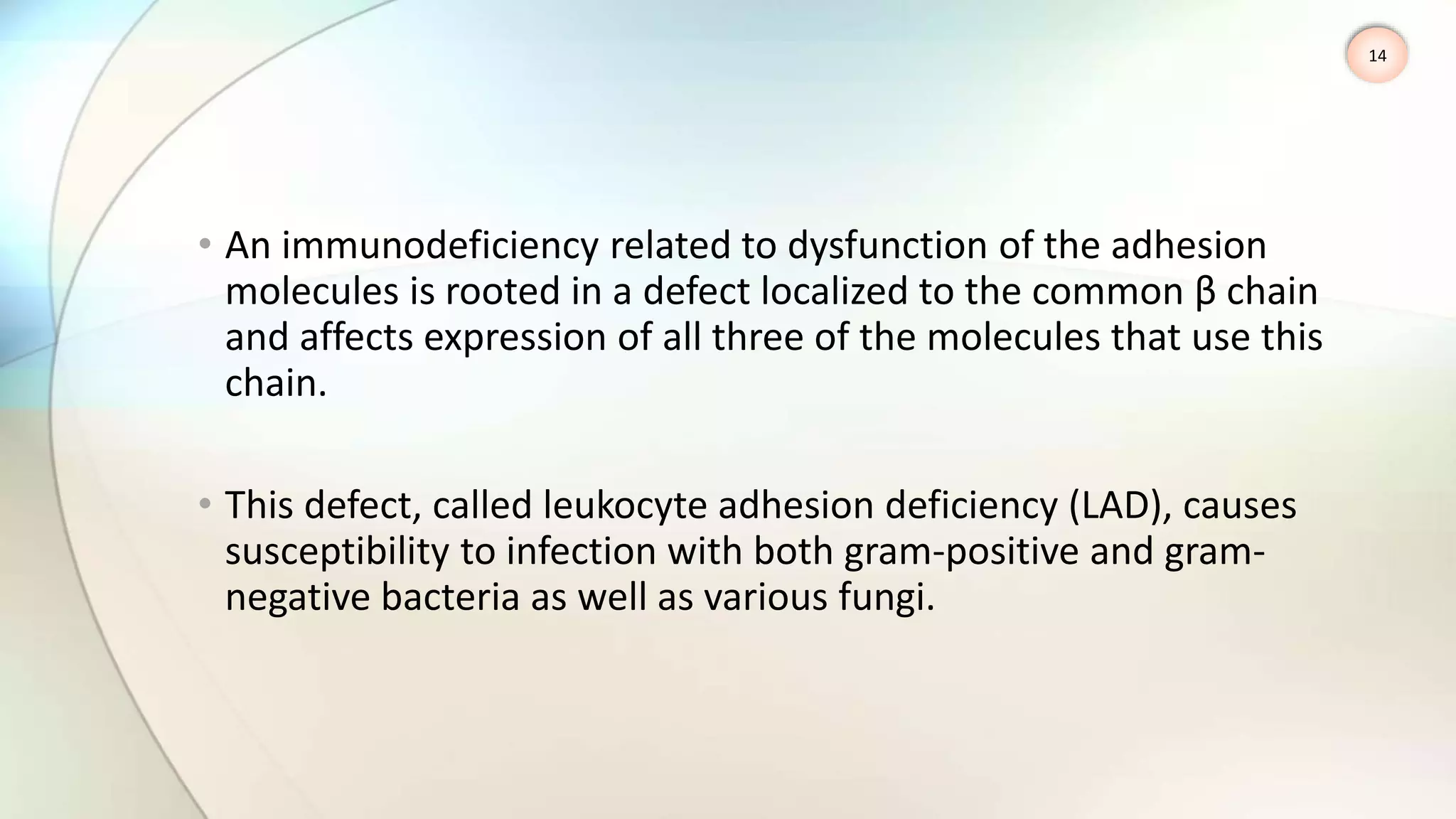 • An immunodeficiency related to dysfunction of the adhesion
molecules is rooted in a defect localized to the common β chain
and affects expression of all three of the molecules that use this
chain.
• This defect, called leukocyte adhesion deficiency (LAD), causes
susceptibility to infection with both gram-positive and gram-
negative bacteria as well as various fungi.
14
 