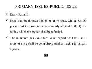 PRIMARY ISSUES-PUBLIC ISSUE
 Entry Norm II:
 Issue shall be through a book building route, with atleast 50
per cent of the issue to be mandatorily allotted to the QIBs,
failing which the money shall be refunded.
 The minimum post-issue face value capital shall be Rs 10
crore or there shall be compulsory market making for atleast
2 years.
OR
 