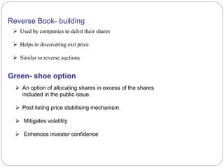 Reverse Book- building
 Used by companies to delist their shares
 Helps in discovering exit price
 Similar to reverse auctions
Green- shoe option
 An option of allocating shares in excess of the shares
included in the public issue.
 Post listing price stabilising mechanism
 Mitigates volatility
 Enhances investor confidence
 