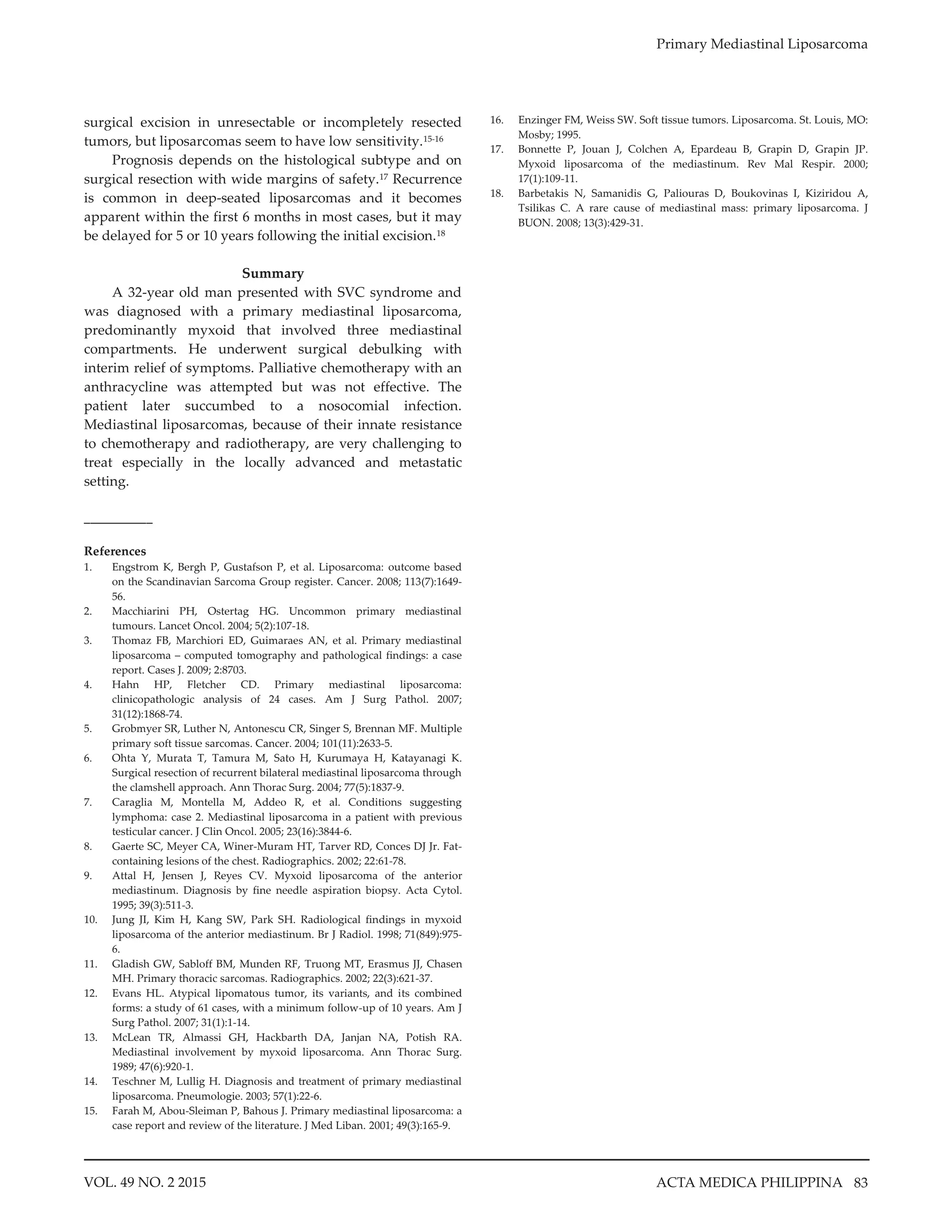 Primary mediastinal liposarcoma of the superior, middle, and anterior ...