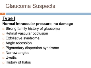 Glaucoma Suspects
Type I
Normal intraocular pressure, no damage
 Strong family history of glaucoma
 Retinal vascular occlusion
 Exfoliative syndrome
 Angle recession
 Pigmentary dispersion syndrome
 Narrow angles
 Uveitis
 History of halos
71
 