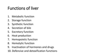 Functions of liver
1. Metabolic function
2. Storage function
3. Synthetic function
4. Secretion of bile
5. Excretory function
6. Heat production
7. Hemopoietic function
8. Hemolytic function
9. Inactivation of hormones and drugs
10. Defensive and detoxification functions
 