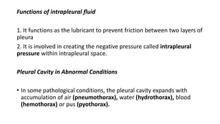 Functions of intrapleural fluid
1. It functions as the lubricant to prevent friction between two layers of
pleura
2. It is involved in creating the negative pressure called intrapleural
pressure within intrapleural space.
Pleural Cavity in Abnormal Conditions
• In some pathological conditions, the pleural cavity expands with
accumulation of air (pneumothorax), water (hydrothorax), blood
(hemothorax) or pus (pyothorax).
 