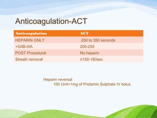 Anticoagulation-ACT
Anticoagulation ACT
HEPARIN ONLY 250 to 350 seconds 
+GIIB-IIIA 200-250
POST Procedural No heparin
Sheath removal ≤150-180sec
Heparin reversal
100 Unit=1mg of Protamin Sulphate IV bolus
 